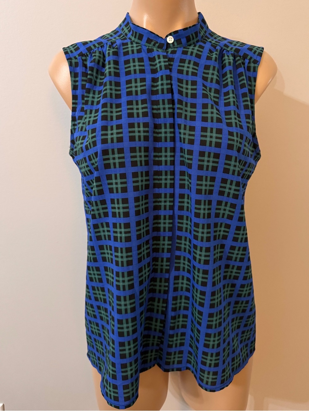 J. Crew Factory Blue Green Black Plaid Button Down Tank Top 8 Sleeveless Blouse